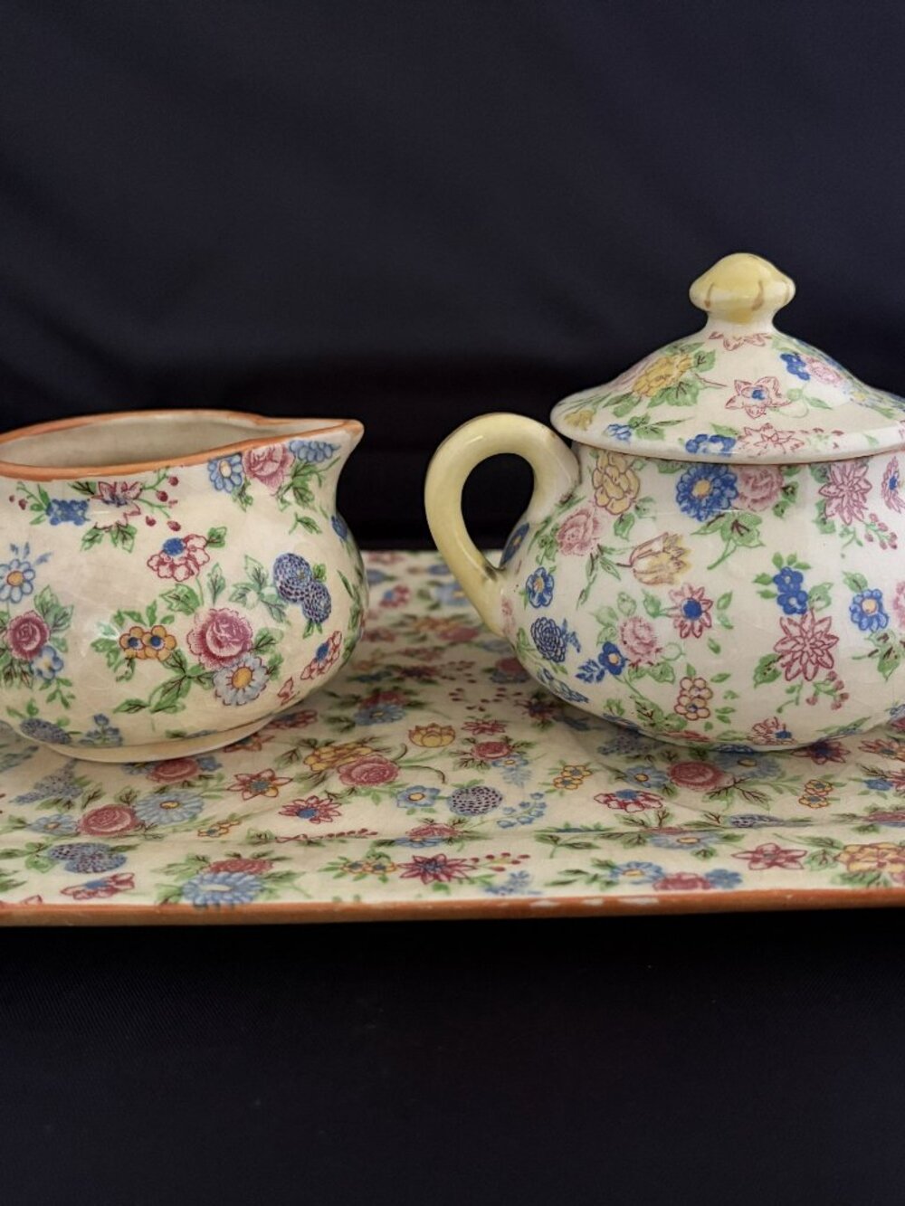Vintage Cottage Chintz Creamer and Sugar Bowl set with matching tray